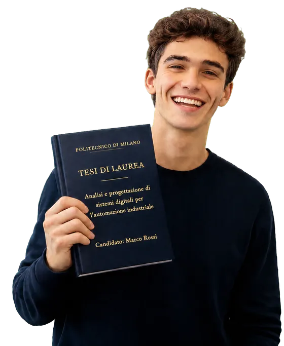 Studente sorridente con la sua tesi di laurea in mano